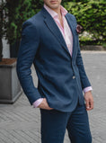 Load image into Gallery viewer, Navy Linen 2-Button Patch Pocket Sportcoat with pocket square and pink dress shirt