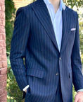 Load image into Gallery viewer, Harrods Peak-Lapel Flap Pocket Suit in Navy Chalk Stripe Flannel