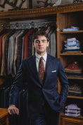 Load image into Gallery viewer, Harrods Peak-Lapel Flap Pocket Suit in Navy Chalk Stripe Flannel