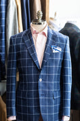 Load image into Gallery viewer, Linen & Wool Harrods Flap Pocket Jacket in Dark Royal with Sky Windowpane