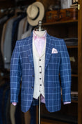 Load image into Gallery viewer, Linen & Wool Harrods Flap Pocket Jacket in Dark Royal with Sky Windowpane