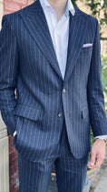 Load image into Gallery viewer, Harrods Peak-Lapel Flap Pocket Suit in Navy Chalk Stripe Flannel