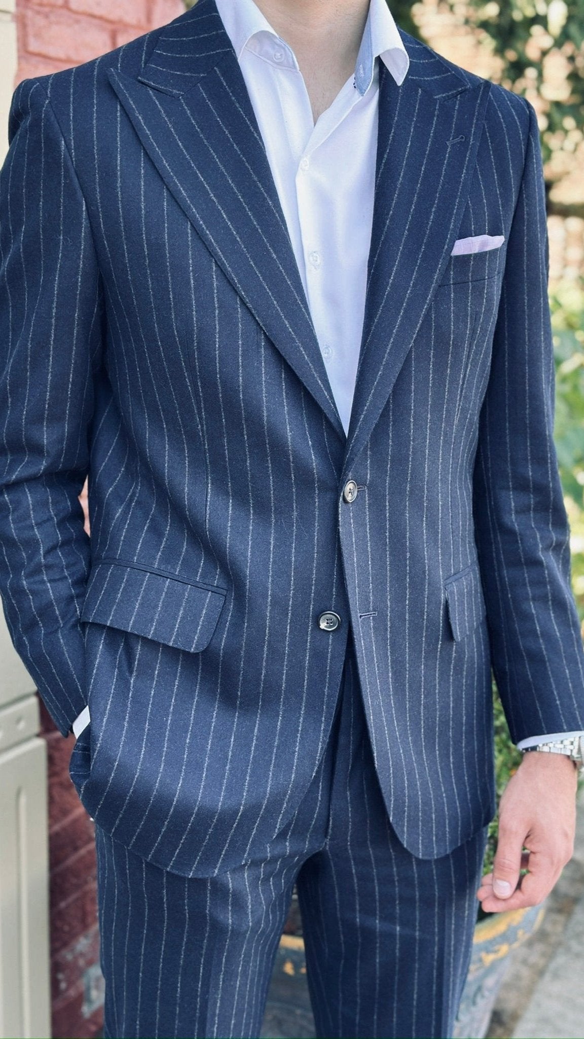 Harrods Peak-Lapel Flap Pocket Suit in Navy Chalk Stripe Flannel