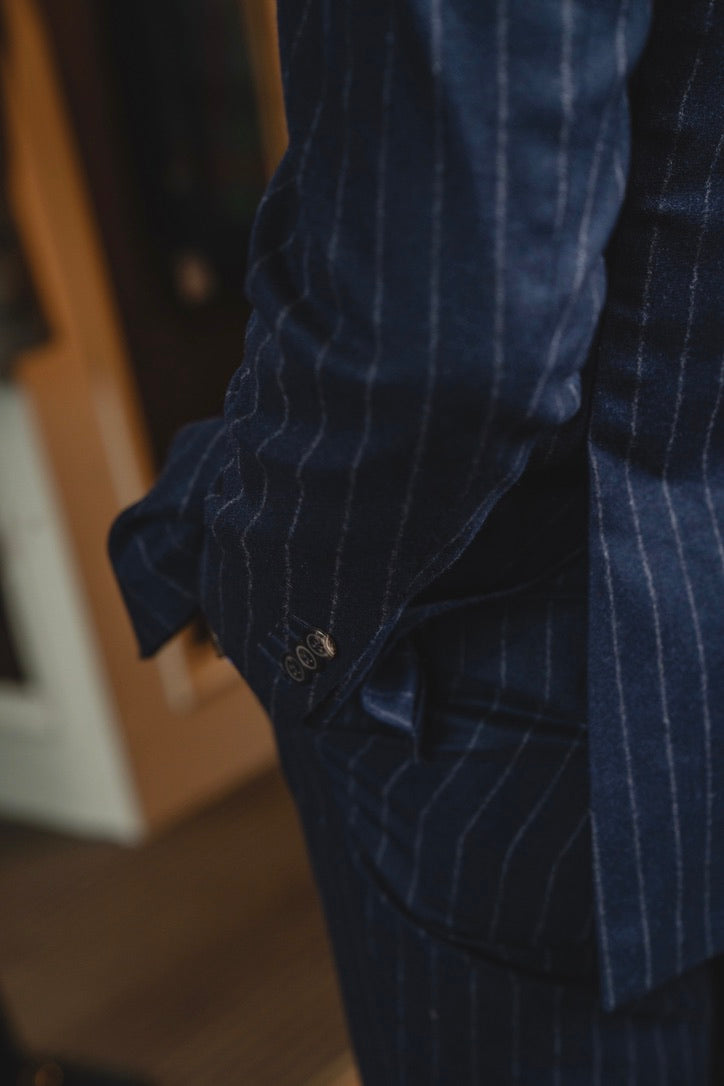 Harrods Peak-Lapel Flap Pocket Suit in Navy Chalk Stripe Flannel