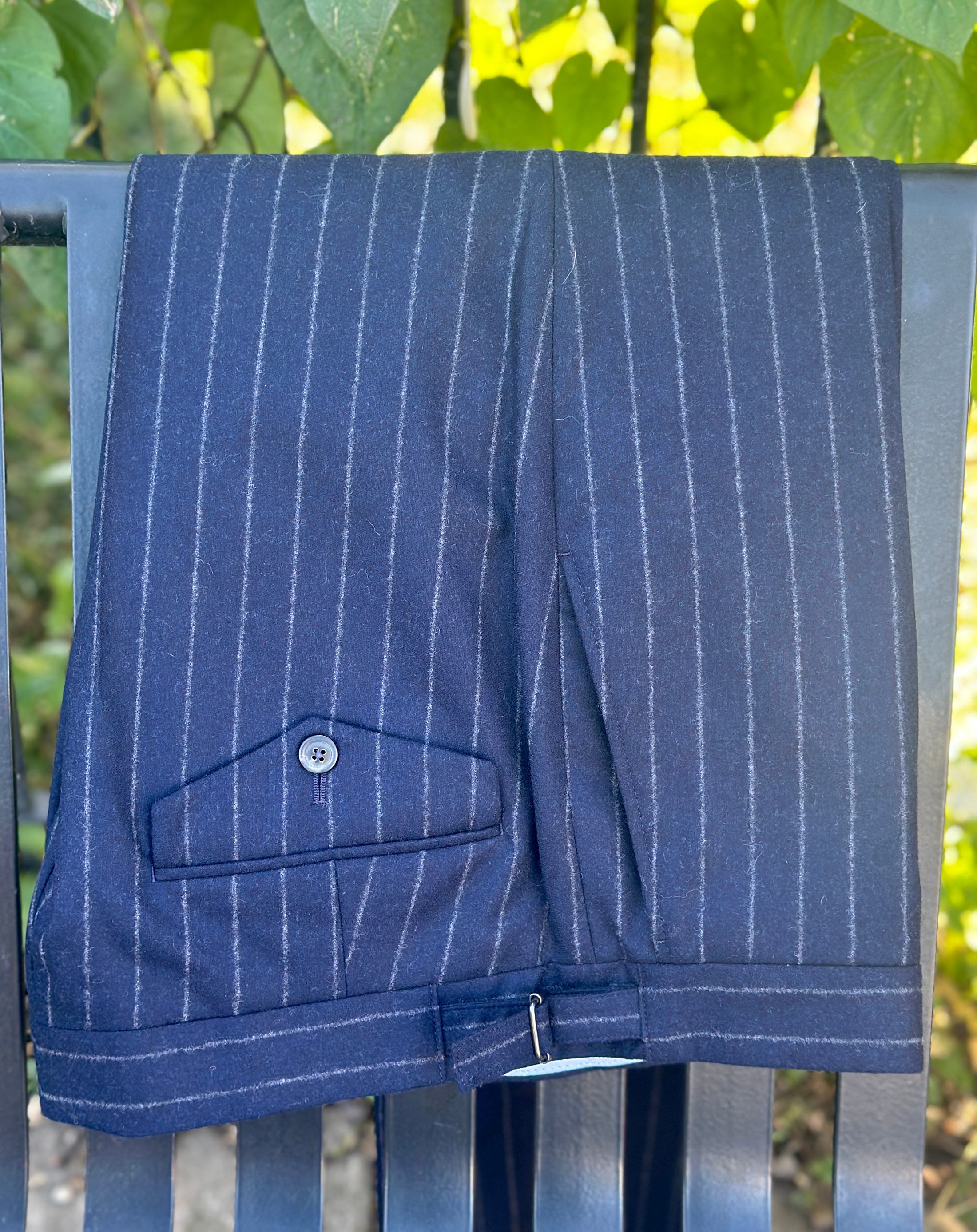 Harrods Peak-Lapel Flap Pocket Suit in Navy Chalk Stripe Flannel