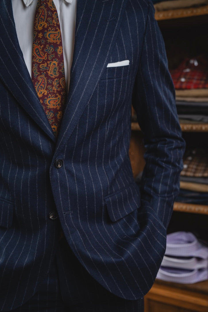 Harrods Peak-Lapel Flap Pocket Suit in Navy Chalk Stripe Flannel