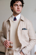 Load image into Gallery viewer, Brown and white stripped Chore Jacket in Linnen with a sweater and tie