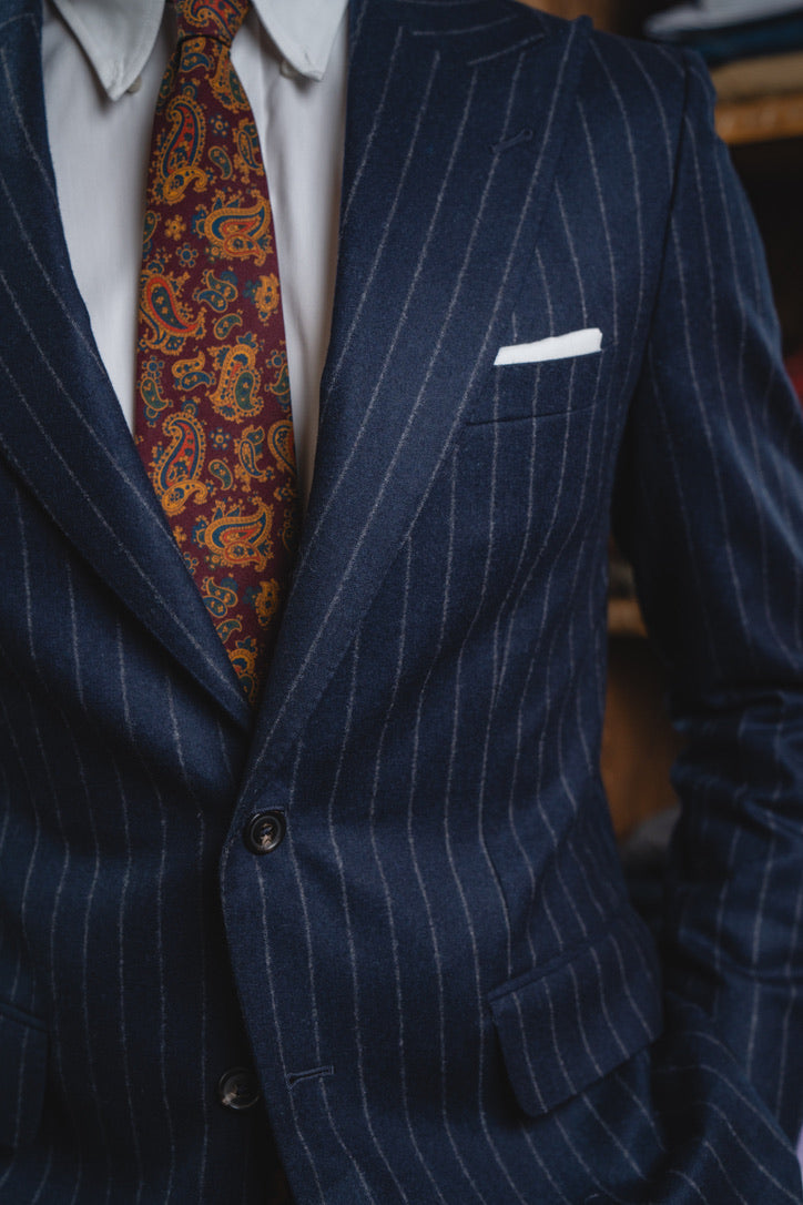 Harrods Peak-Lapel Flap Pocket Suit in Navy Chalk Stripe Flannel