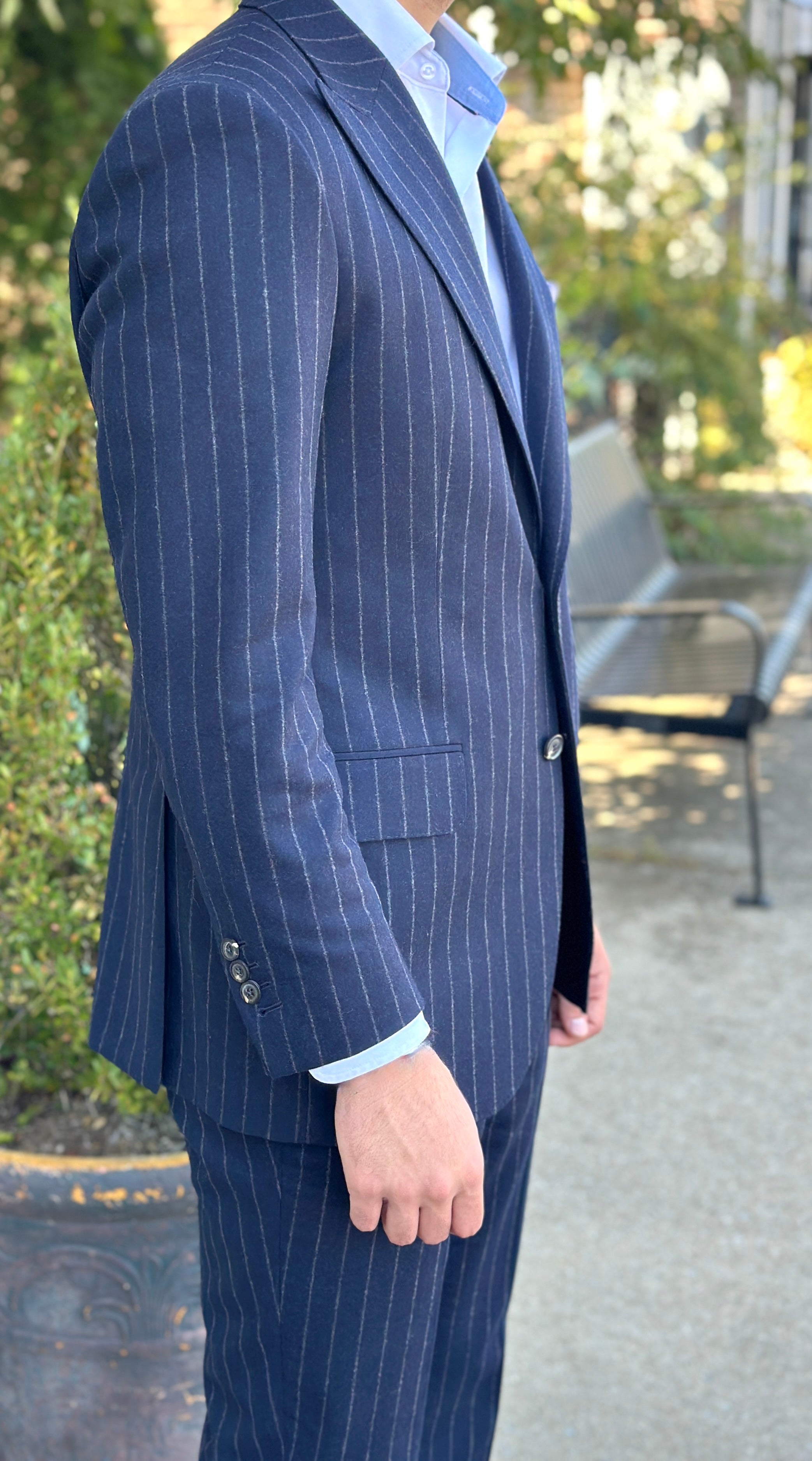 Harrods Peak-Lapel Flap Pocket Suit in Navy Chalk Stripe Flannel