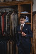 Load image into Gallery viewer, Harrods Peak-Lapel Flap Pocket Suit in Navy Chalk Stripe Flannel