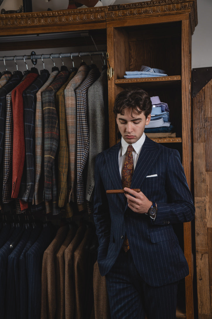 Harrods Peak-Lapel Flap Pocket Suit in Navy Chalk Stripe Flannel