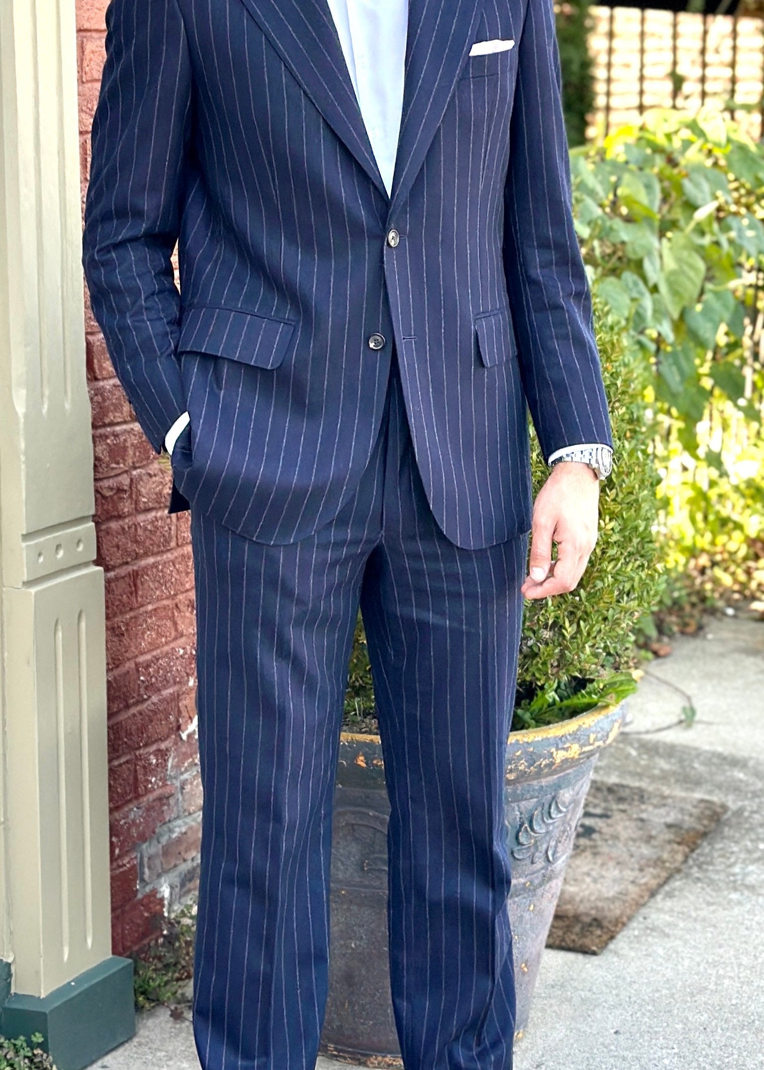 Harrods Peak-Lapel Flap Pocket Suit in Navy Chalk Stripe Flannel