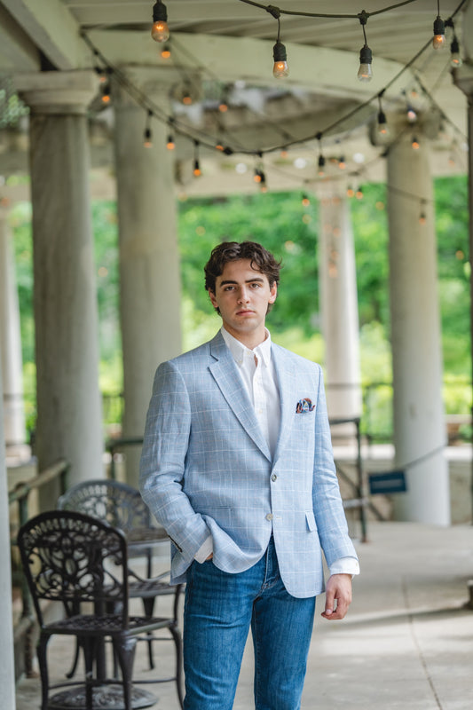 Harrods Flap Pocket Sportcoat in Sky Blue Glenplaid Linen