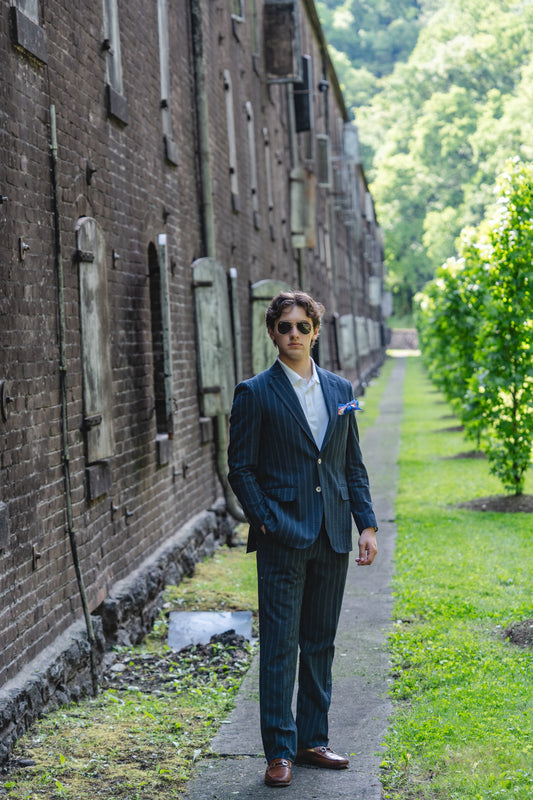 Crittenden Flat Front Trousers in Navy/Grey Stripe Seersucker