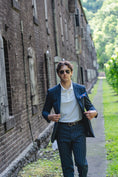 Load image into Gallery viewer, Crittenden Flat Front Trousers in Navy/Grey Stripe Seersucker
