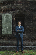 Load image into Gallery viewer, Crittenden Flat Front Trousers in Navy/Grey Stripe Seersucker
