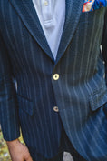 Load image into Gallery viewer, Crittenden Flat Front Trousers in Navy/Grey Stripe Seersucker

