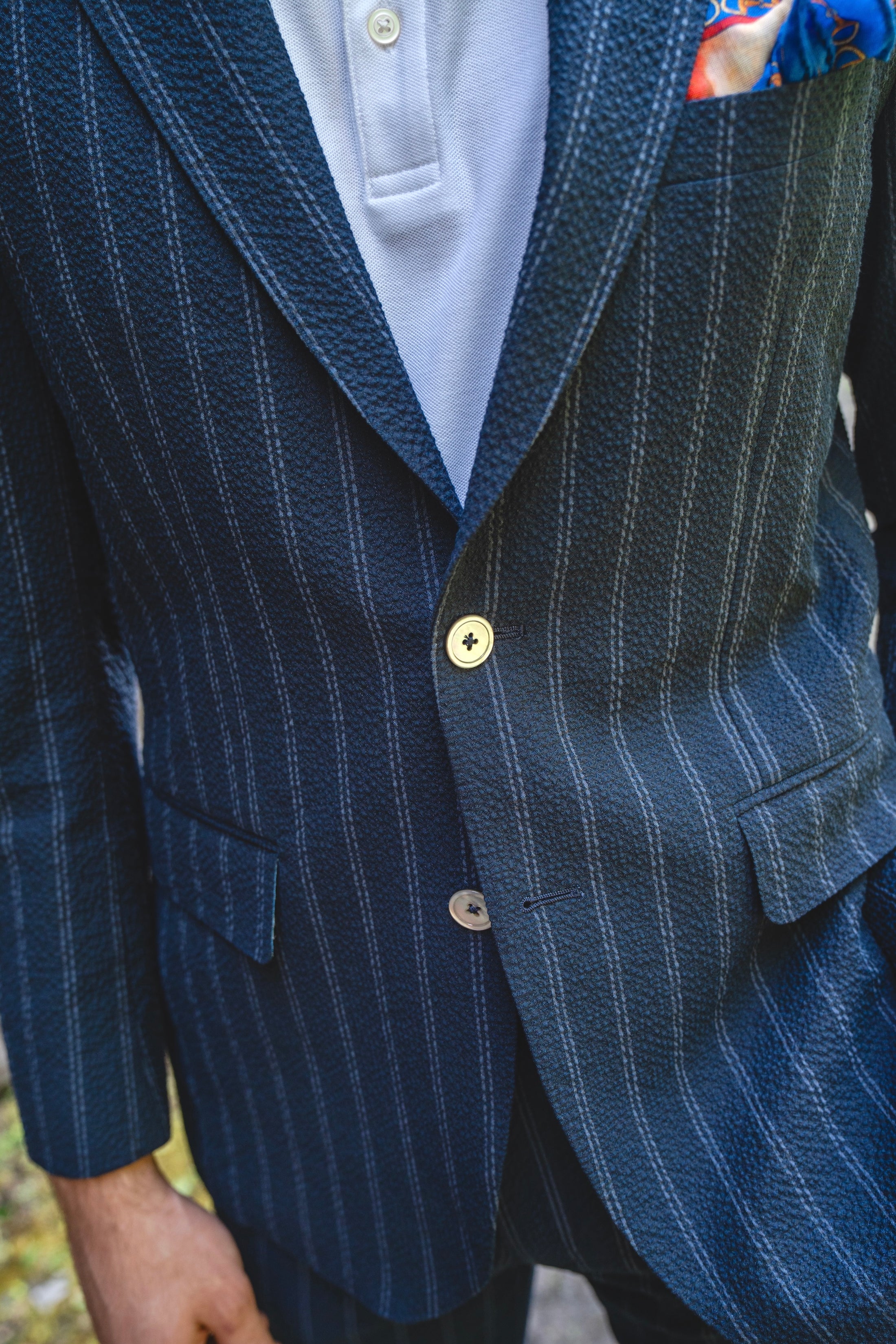 Crittenden Flat Front Trousers in Navy/Grey Stripe Seersucker