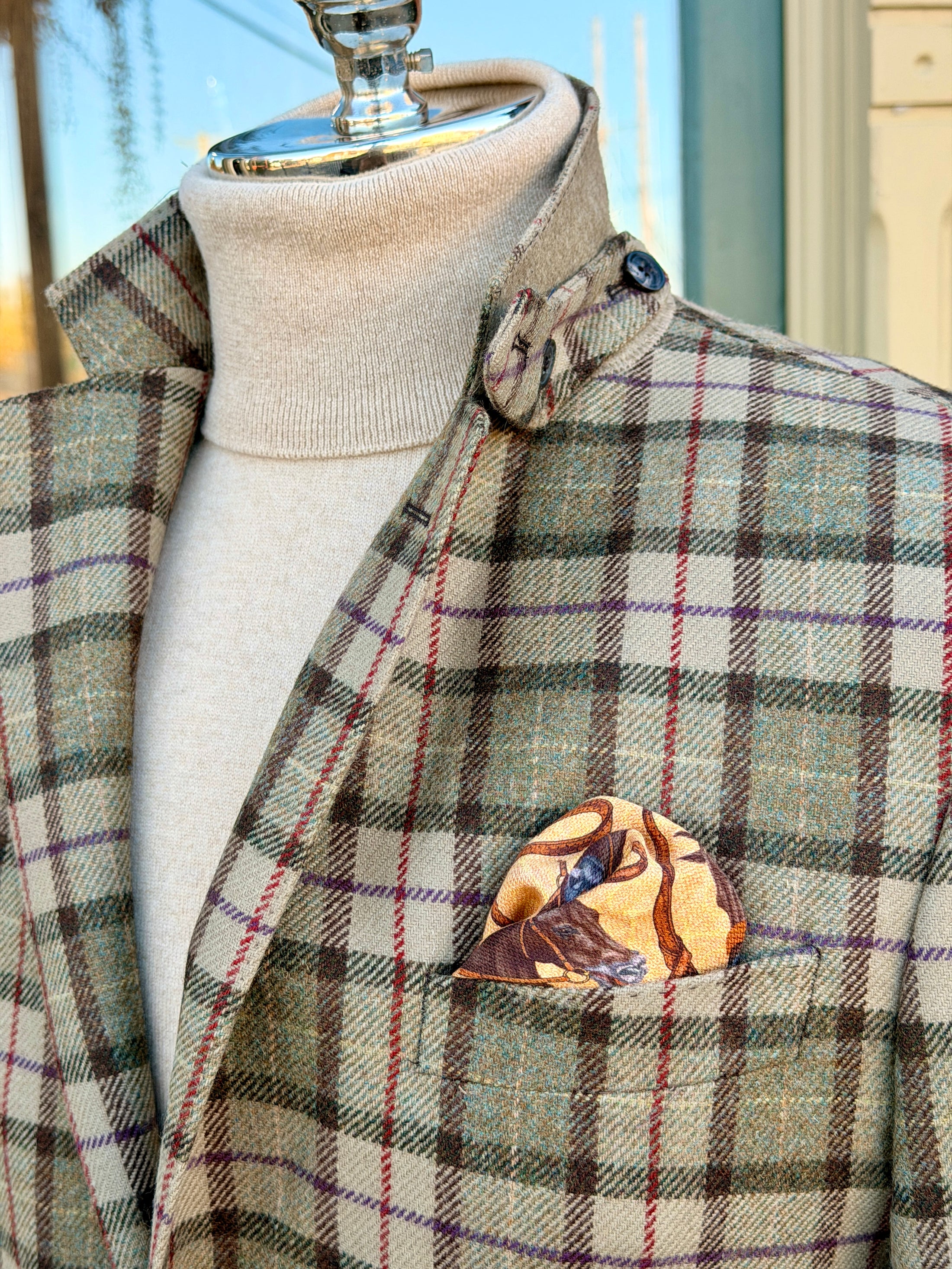 Hacking Jacket in Moss & Cream with Red/Purple Overplaid CR 1635