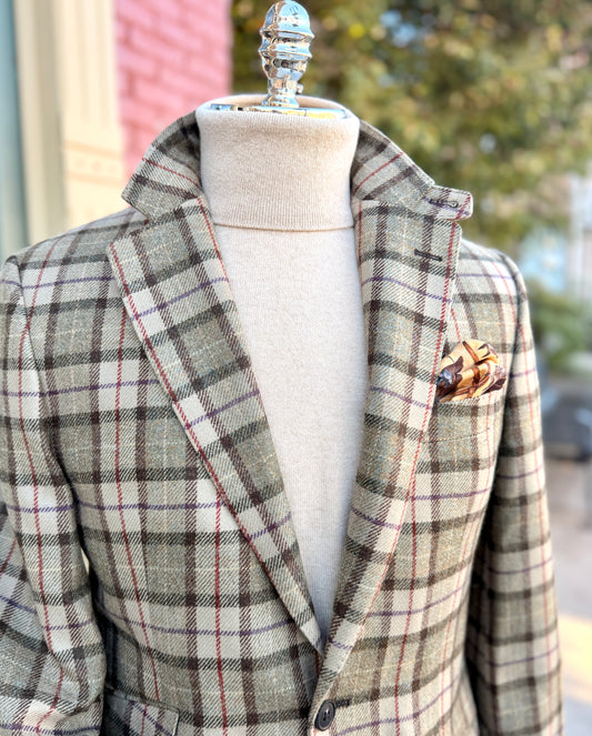 Hacking Jacket in Moss & Cream with Red/Purple Overplaid CR 1635