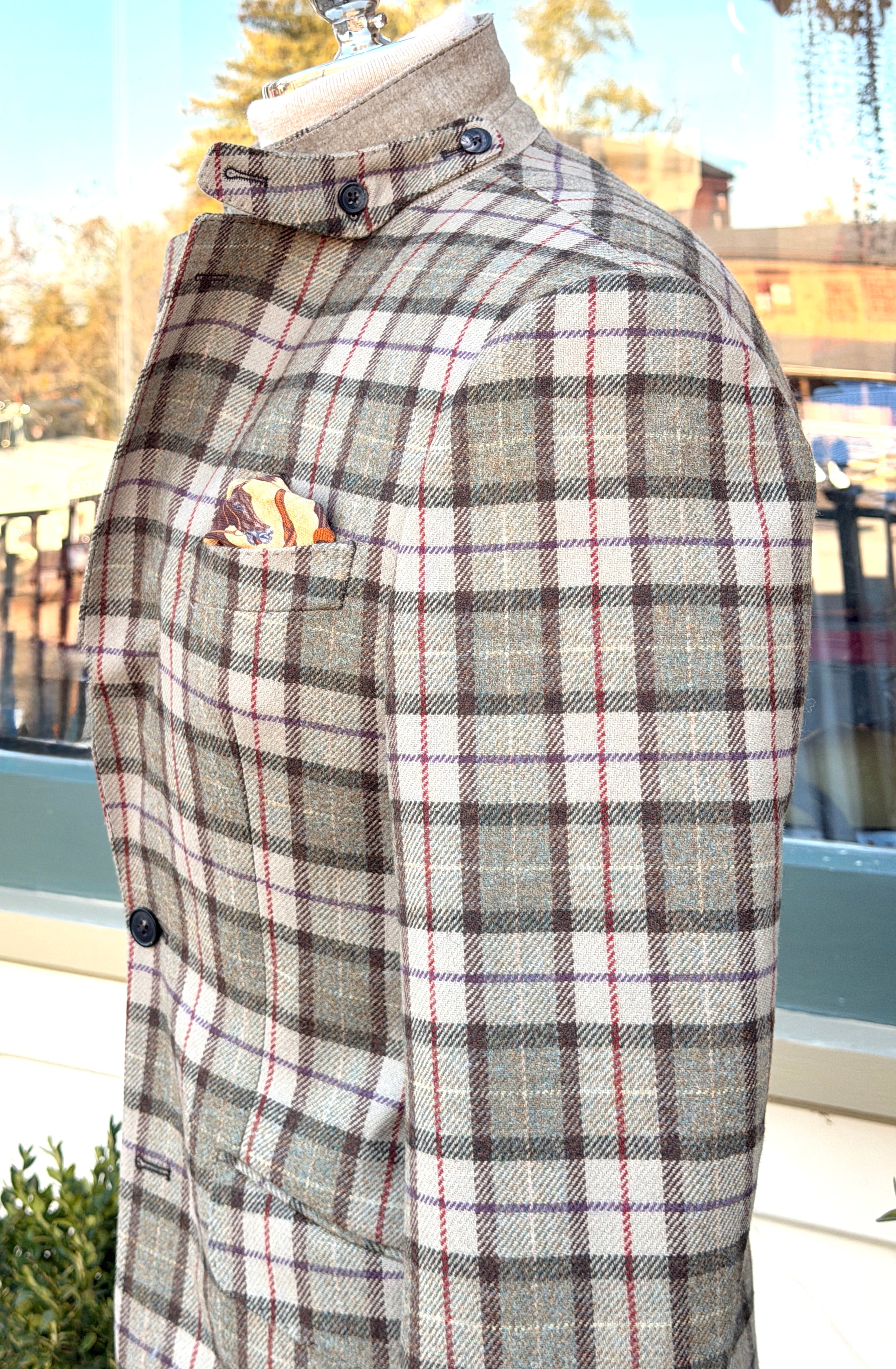 Hacking Jacket in Moss & Cream with Red/Purple Overplaid CR 1635
