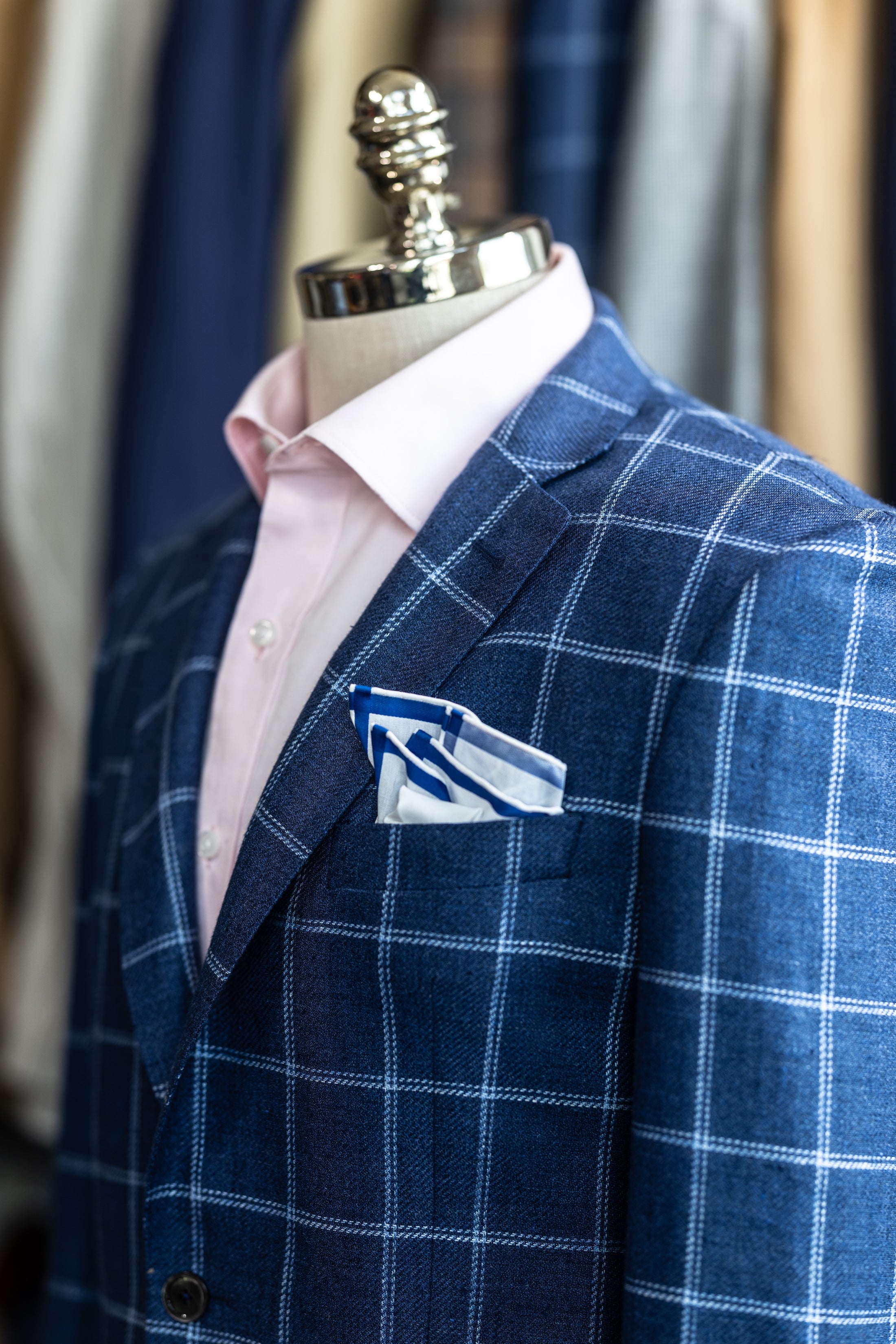 Linen & Wool Harrods Flap Pocket Jacket in Dark Royal with Sky Windowpane