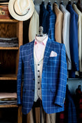 Load image into Gallery viewer, Linen & Wool Harrods Flap Pocket Jacket in Dark Royal with Sky Windowpane
