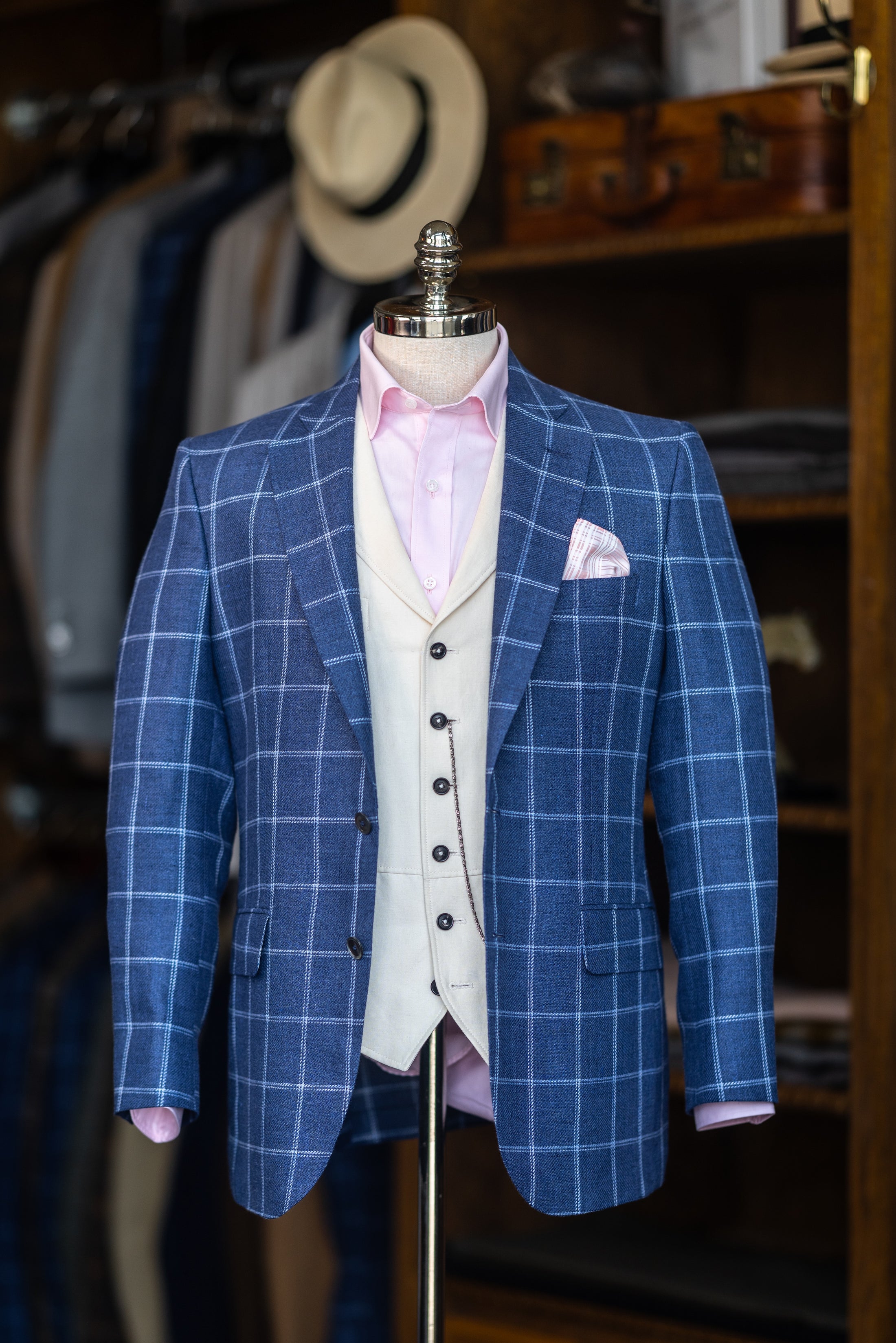 Linen & Wool Harrods Flap Pocket Jacket in Dark Royal with Sky Windowpane