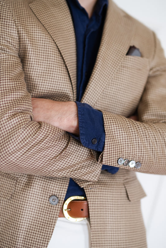 Harrods Flap Pocket Sportcoat in Tan Silk Houndstooth CR 1500