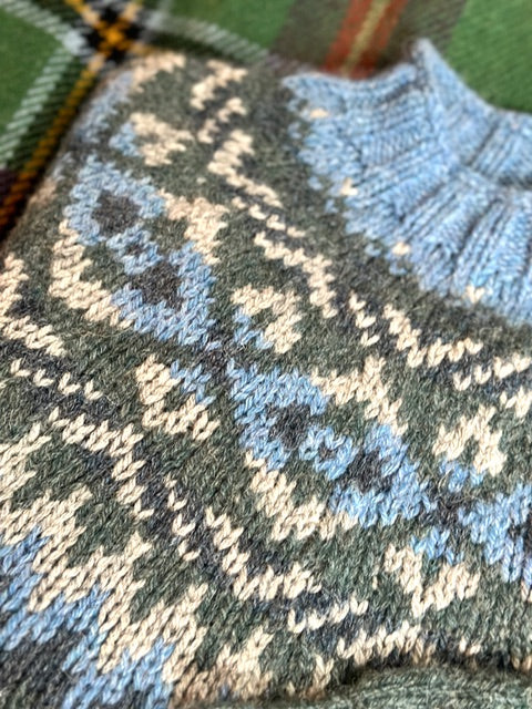 Scottish Fair Isle Crewneck in Blue, Cream & Loden