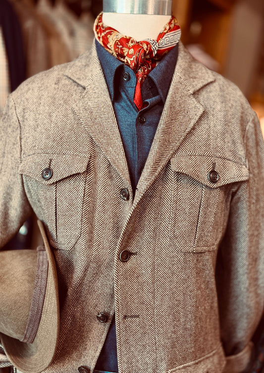 Safari Jacket in Brown/Cream Herringbone Khullu CR 1640